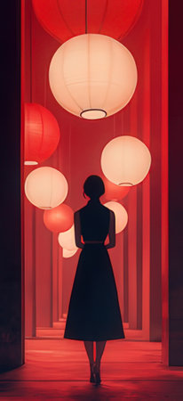 Beautiful woman in a black dress with Chinese lanterns in the red roomの素材