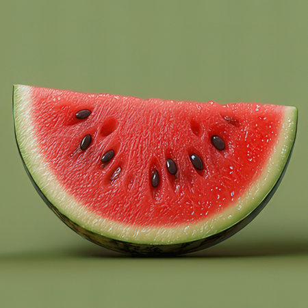 Watermelon slice on green background. 3d illustration. Top view.の素材
