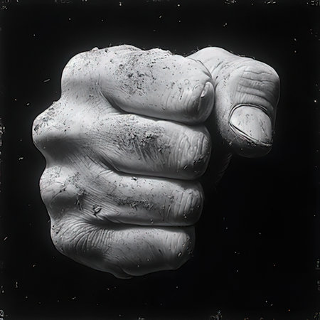 Hand with a clenched fist on a black background, close-upの素材