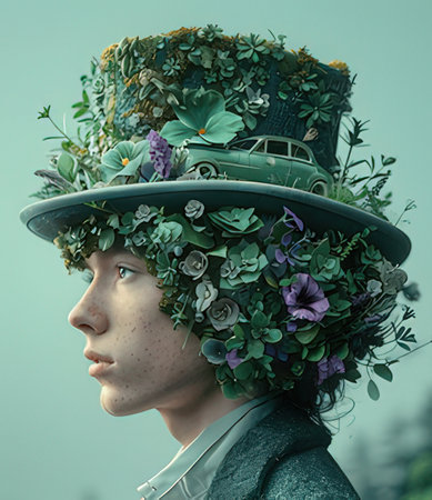3d rendering of a girl wearing a green hat with flowers on her headのeditorial素材