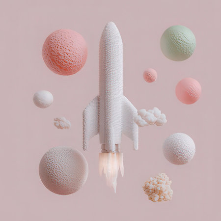 Creative flat lay top view of rocket flying in space with planets and stars on pastel pink background minimal creative concept.の素材