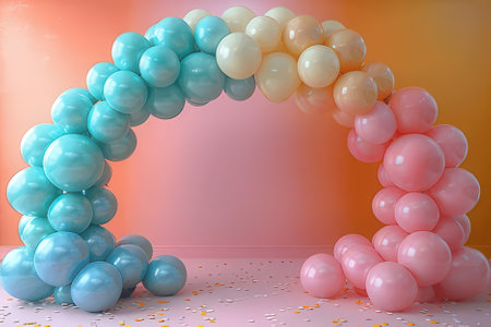 3d render of a pink and blue birthday arch with balloons.の素材