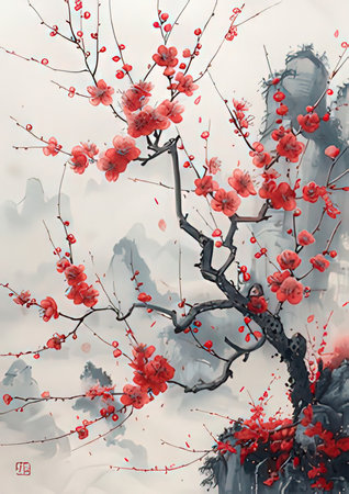Chinese painting of plum blossom, sumi-e, u-sinのeditorial素材