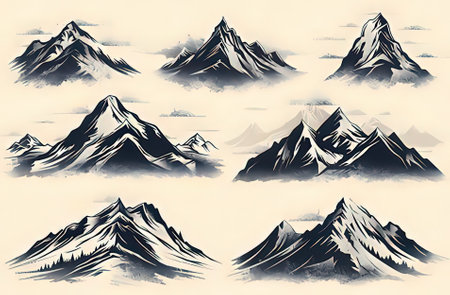 Mountains in the clouds. Set of hand drawn vector illustrations.のeditorial素材