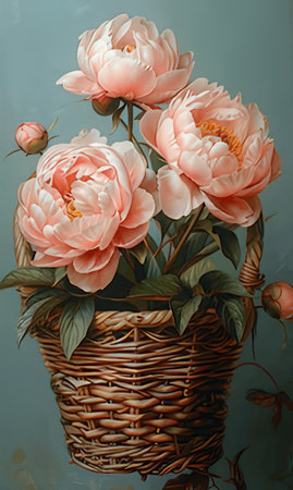 Bouquet of peonies in a basket on a blue backgroundのeditorial素材