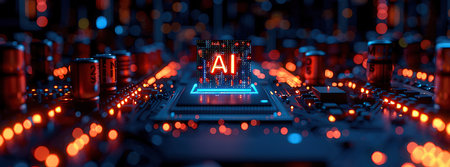 Artificial intelligence concept. Abstract 3D illustration of a computer processor with the inscription AI.の素材