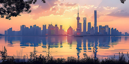 Shanghai skyline at sunset, China. Vector illustration for your designのeditorial素材