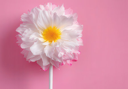 White chrysanthemum flower on pink background, top viewの素材