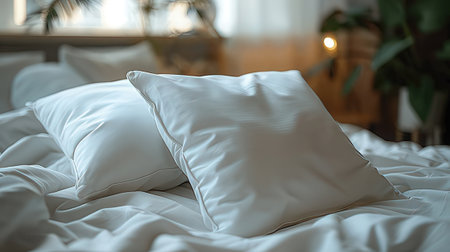 close up of white pillows on bed in modern bedroom at homeの素材