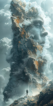 Man standing on top of a mountain and looking at the clouds.の素材