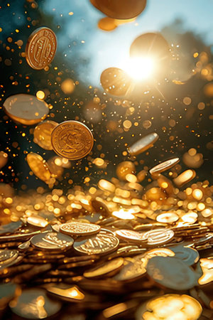 Gold coins falling and flying in the air with golden bokeh backgroundの素材