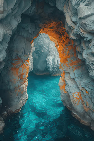 Beautiful underwater cave with turquoise water. 3d renderingの素材