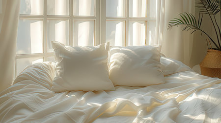 Comfortable white pillow on bed decoration in bedroom interior - Vintage Light Filterの素材