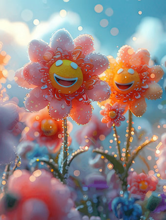 Fantasy flowers made of plasticine in the form of a smileyの素材