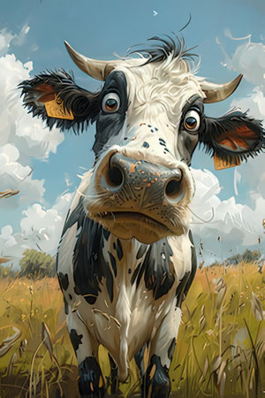Digital painting of a cow in a meadow with clouds in the skyの素材