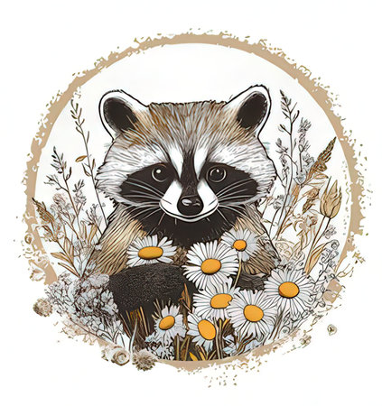 Raccoon with camomile flowers. Hand drawn vector illustration.の素材