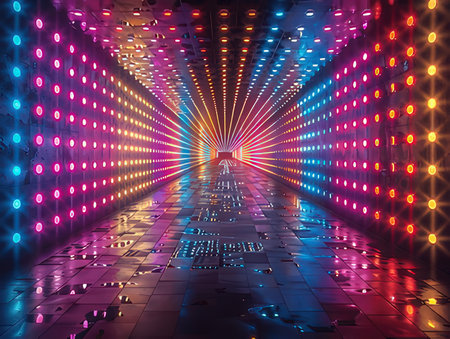 3d render, abstract background with glowing neon lights, tunnel, corridor.の素材