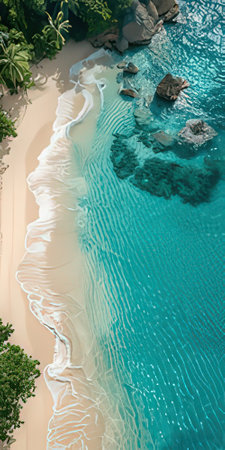 Aerial view of beautiful tropical beach with turquoise water and white sandの素材