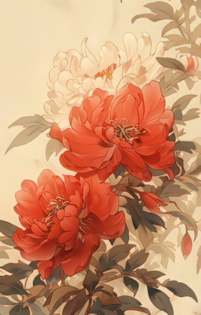 Bouquet of peony flowers on a beige background. Vector illustration.の素材