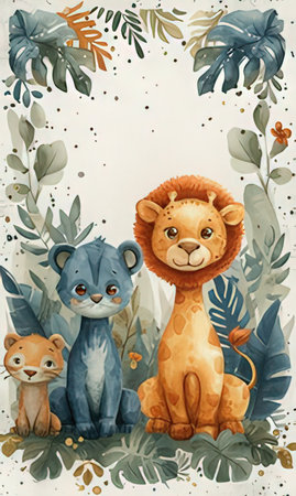 Watercolor illustration of cute cartoon lion, lioness and tiger with tropical leaves.の素材
