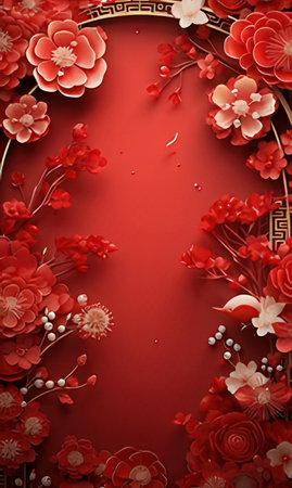 Paper art of red paper cut flowers for Chinese New Year celebration.の素材