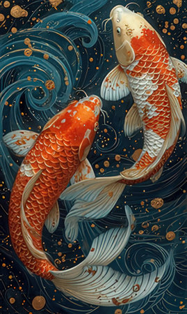 Koi fish on a dark background. Colorful painting on paper.の素材