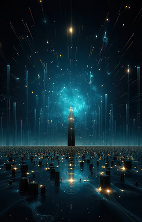 3d illustration of futuristic cityscape with light rays on dark backgroundの素材