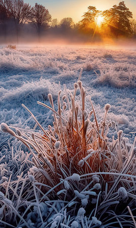 Frosted grass on a meadow at sunrise in winter.の素材