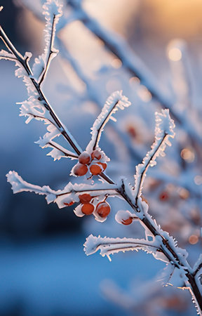 Frozen berries on the branches of a tree in the winter forestの素材