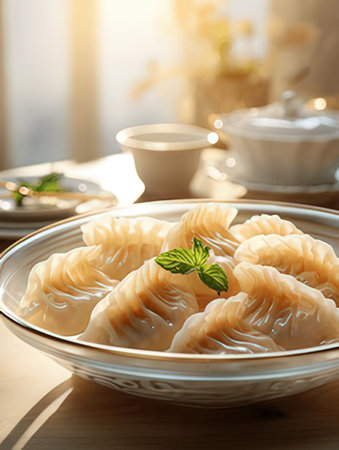 Plate with tasty dumplings on wooden table, closeupの素材