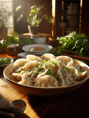 Boiled dumplings with green onions on a wooden table.の素材