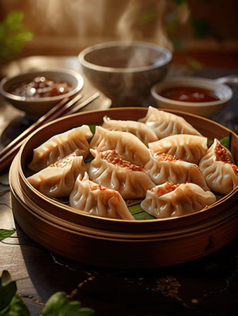 steamed dumplings in bamboo steamer, chinese cuisineの素材