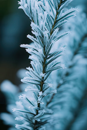 Pine branches covered with hoarfrost, close up. Winter backgroundの素材