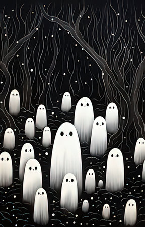 Illustration of ghost in the forest at night. Halloween background.のeditorial素材