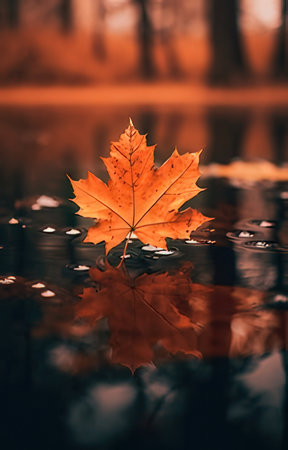 Autumn maple leaf on a dark background with reflection in the waterの素材