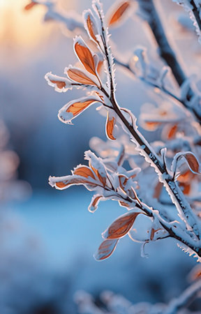Frosty branches of a tree in the winter forest at sunsetの素材