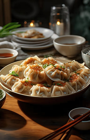 Chinese steamed dumplings in bowl on table, closeupの素材
