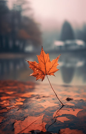 Autumn maple leaf on the lake in the foggy morning.の素材