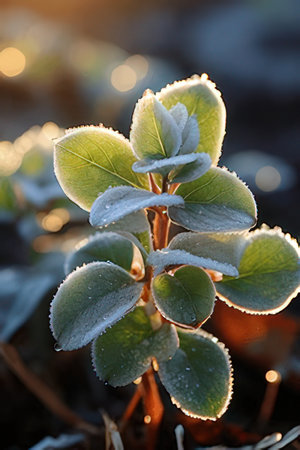 Frost on the leaves of a plant in the early morning.の素材
