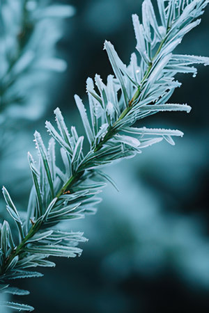 Frost on the branches of a coniferous tree in winterの素材