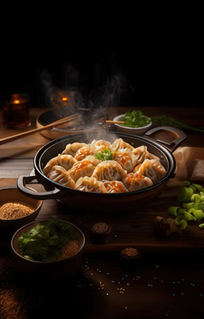 Chinese dumplings in a pot on a wooden table. Dark background.の素材