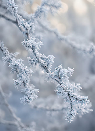Hoarfrost on the branches of a tree in the winter forestの素材