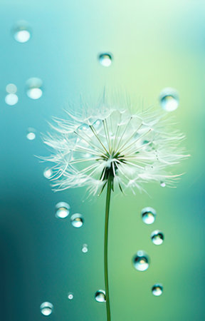 White dandelion flower with water drops on green background close upの素材