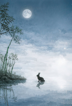 Rabbit in the moonlight reflected in the water. 3d renderingの素材
