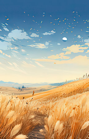 Wheat field with clouds in the sky. Digital painting illustration.の素材