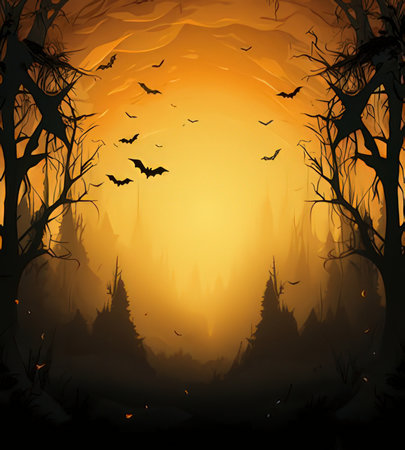 Halloween background with trees, bats and fog. Vector illustration.の素材