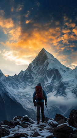 Hiker in Himalaya mountains at sunset, Annapurna Conservation Area, Nepalの素材