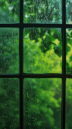 Rain drops on the window with green nature background. Rainy dayの素材