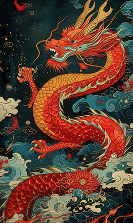 Colorful chinese dragon painting on dark background. Vector illustration.のeditorial素材