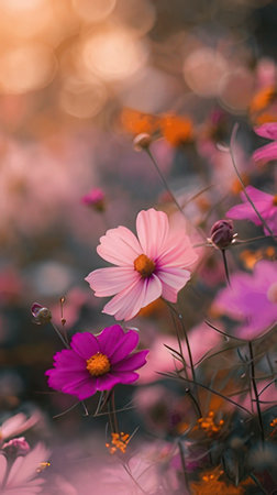 Cosmos flowers in the garden with soft focus background, vintage toneの素材